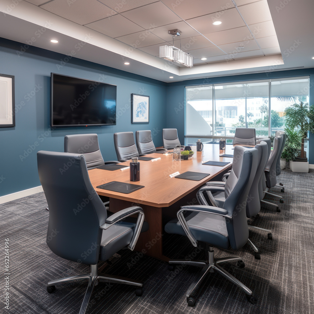 A spacious room with a long wooden table eight gray A spacious room with a long wooden table eight gray