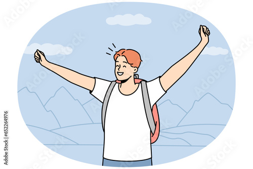 Happy young man with backpack stand on mountain peak with arms raised. Smiling guy feel excited with travel or nature tourism. Vector illustration.