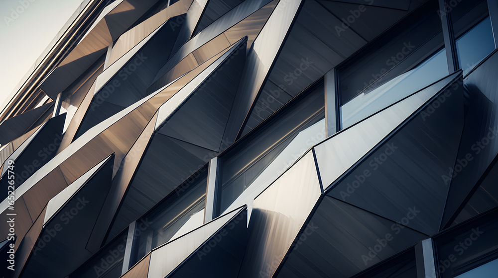 Witness architectural precision in this photograph highlighting the design details of a modern building facade. The sharp lines and unique angles make it a captivating image for projects related. - obrazy, fototapety, plakaty 