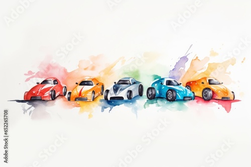 Watercolor race cars for a boy's birthday party on white background. AI generated
