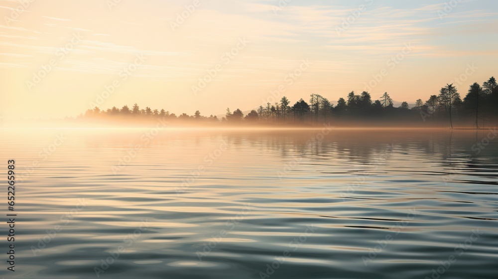  a body of water with trees in the background and fog in the air.  generative ai