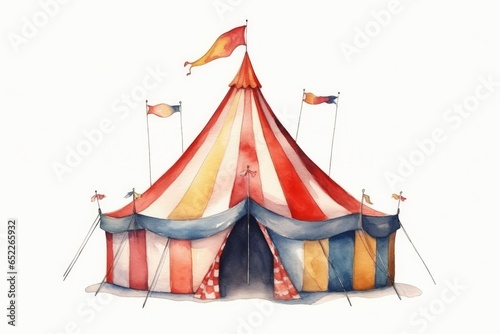 Watercolor circus tent for a fun-filled birthday party on white background. AI generated