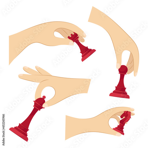 Set of vector illustrations of hands with chess on a white background. Chess pieces in hands in flat style. Human hands holding chess