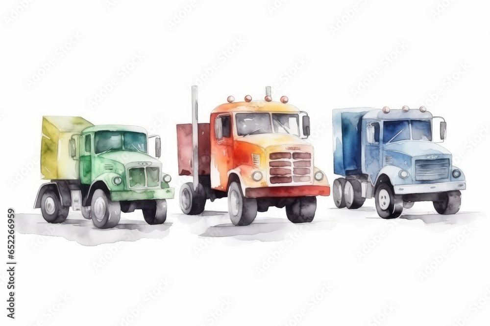 Watercolor toy trucks to celebrate a boy's Birthday on white background. AI generated