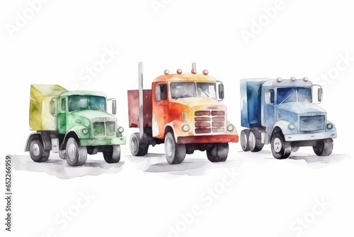 Watercolor toy trucks to celebrate a boy s Birthday on white background. AI generated