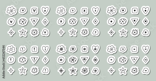 Cute hand drawn sticker set of check and cross mark set with checkboxes in the shape of flower, star, heart, circle, cloud. V, X, yes, no, ok, arrow, exclamation point, star sign for bullet journal