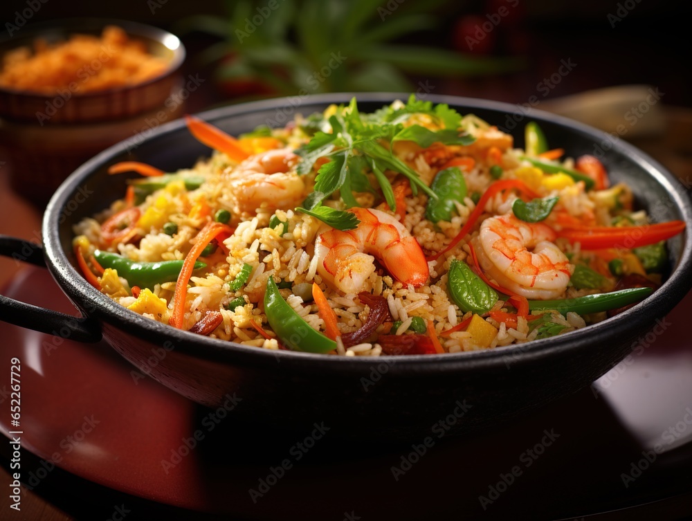 Close-up of flavorful fried rice with prawns and mixed vegetables Close-up of flavorful fried rice with prawns and mixed vegetables