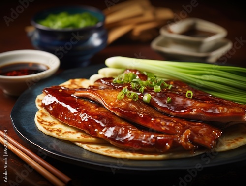 Close-up of glossy Peking duck with thin pancakes and hoisin sauce