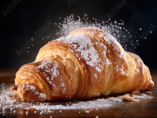 Close-up food photography of a plain croissant with powdered sugar