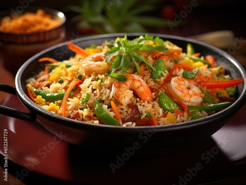 Close-up of flavorful fried rice with prawns and mixed vegetables