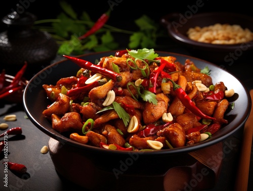 Close-up of spicy kung pao chicken with peanuts and chili peppers