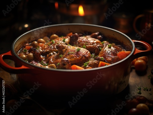 Close-up of coq au vin in a vintage copper pot