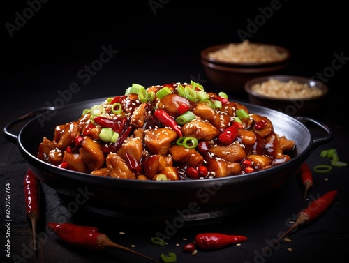 Elegant presentation of kung pao chicken with a sprinkle of sesame seeds