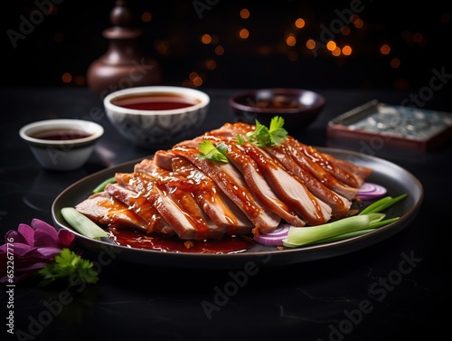 Elegant presentation of Peking duck slices with a plum sauce