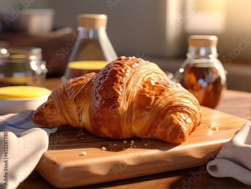 Freshly baked croissant with jam on