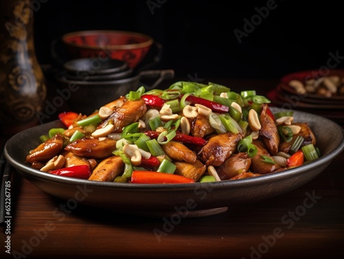 Kung pao chicken with mixed vegetables on a sleek plate