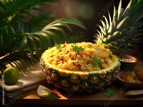 Pineapple fried rice served in a carved pineapple