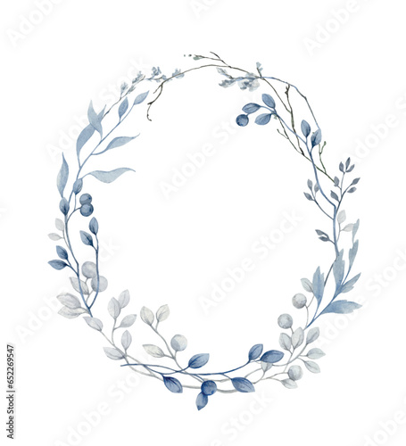 Watercolor vector dusty blue flower frame.