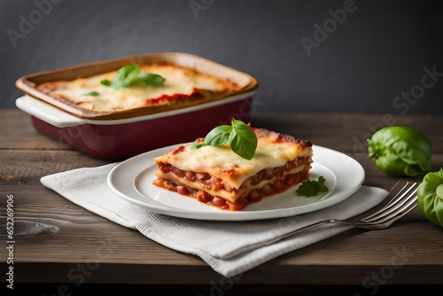 lasagna with sauce in dish on table generated by AI