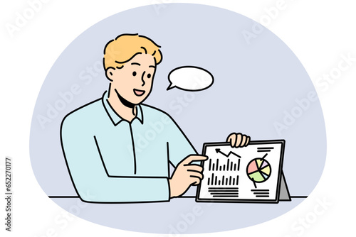 Businessman showing presentation on pad device. Smiling male coach or trainer present financial business project on tablet. Vector illustration.