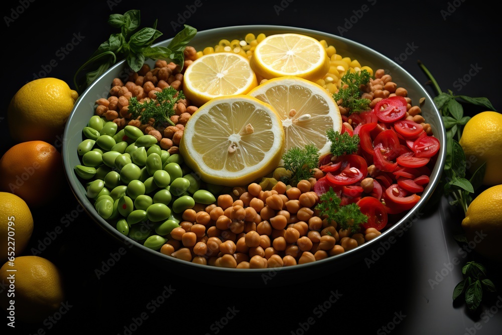 Bowl full of Chickpeas and Tomatoes with Lemon and other Vegetables. Healty Food. Aerial Shot. Bowl full of Chickpeas and Tomatoes with Lemon and other Vegetables. Healty Food. Aerial Shot.