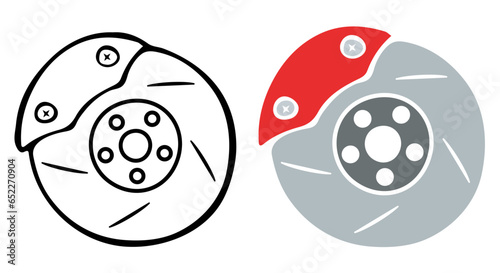 The braking system of a car. Brake disc and pad. Vector clipart set isolated on white background.