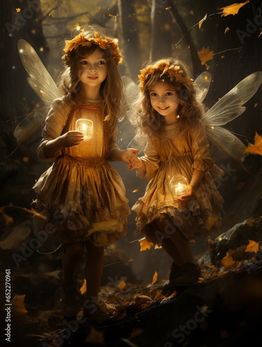 A Surreal Illustration of Children Dressed as Autumn Fairies, Playing in the Woods