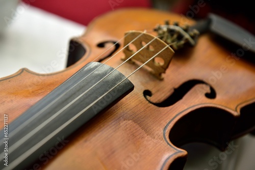 Closeup image of a classical wooden violin