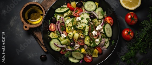 Aerial View of a Plate full of Vegetables. Zucchinis and Tomatoes.