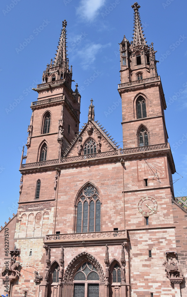 Basel Minster Facade Portrait, Full Length Shot with Clear Sky Basel Minster Facade Portrait, Full Length Shot with Clear Sky
