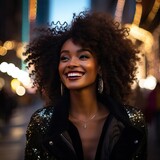 Portrait of a Black Woman with Curly Brown Hairs over an Outdoor Christmas Event with Lights and other Decorations.