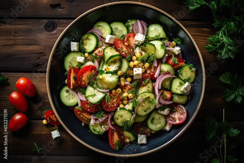 Aerial View of a Plate full of Vegetables. Zucchinis and Tomatoes.