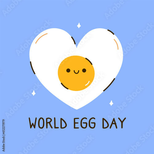 World Egg Day. Banner with a cute heart-shaped egg on a blue background. Perfect for posters, cards, social media, various designs. October 13th