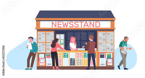 People buy newspapers and magazines from street kiosk and read them. News booth. Newsstand selling journals and books. Outdoor press shop showcase. Road trade stall. Vector concept