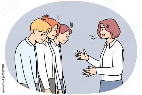 Furious businesswoman scream and scold stressed employees at workplace. Angry authoritarian female boss shout and lecture unhappy workers. Vector illustration.