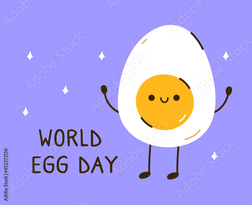 World Egg Day. Banner with a cute egg character on a purple background. Perfect for posters, cards, social media, various designs. October 13th