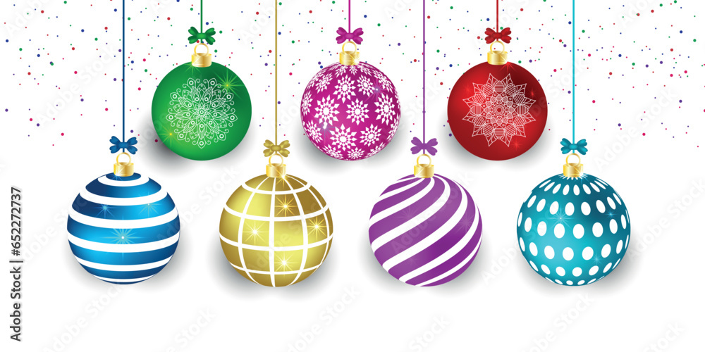 Set of realistic shiny colourful hanging Christmas baubles isolated on white background