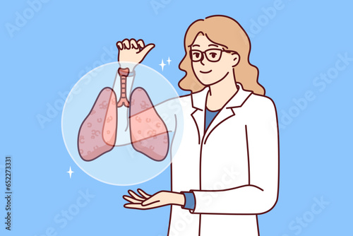 Woman doctor with smile demonstrates lungs of person offering to undergo medical examination of body. Medic in white coat recommends paying attention to lungs diseases bronchitis and tuberculosis