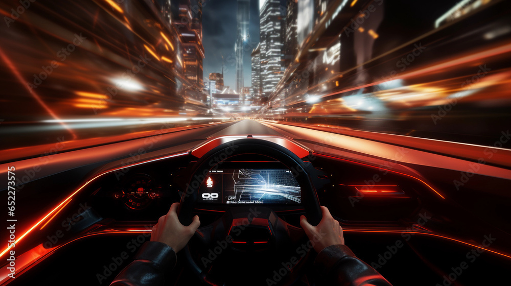First person view futuristic car and city