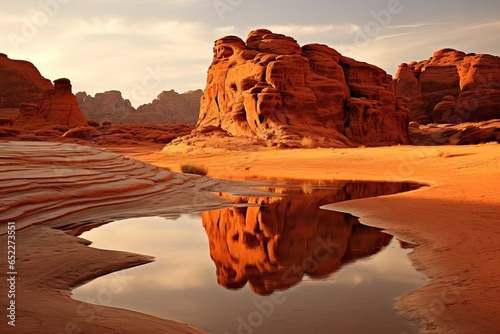 Desert Landscape located in Sedona, Arizona, with a little Water Ditch Reflective. High Orange Cliffs during the Sunset.