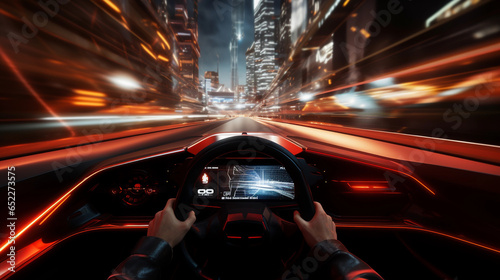 First person view futuristic car and city