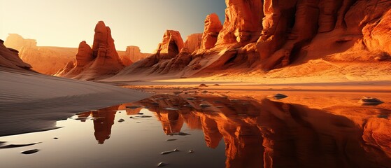 Fotobehang Bruin Desert Landscape located in Sedona, Arizona, with a little Water Ditch Reflective. High Orange Cliffs during the Sunset.  © Boss