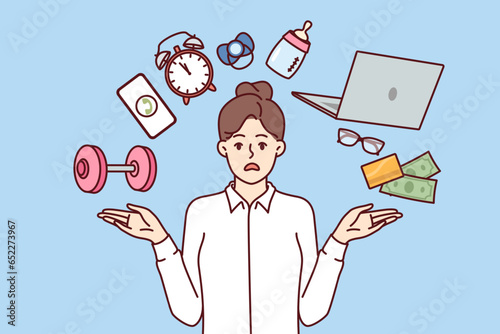 Business woman feels stressed due to being overwhelmed or multitasking for long periods time. Girl needs time management skills and ability to multitasking to achieve balance between career and family