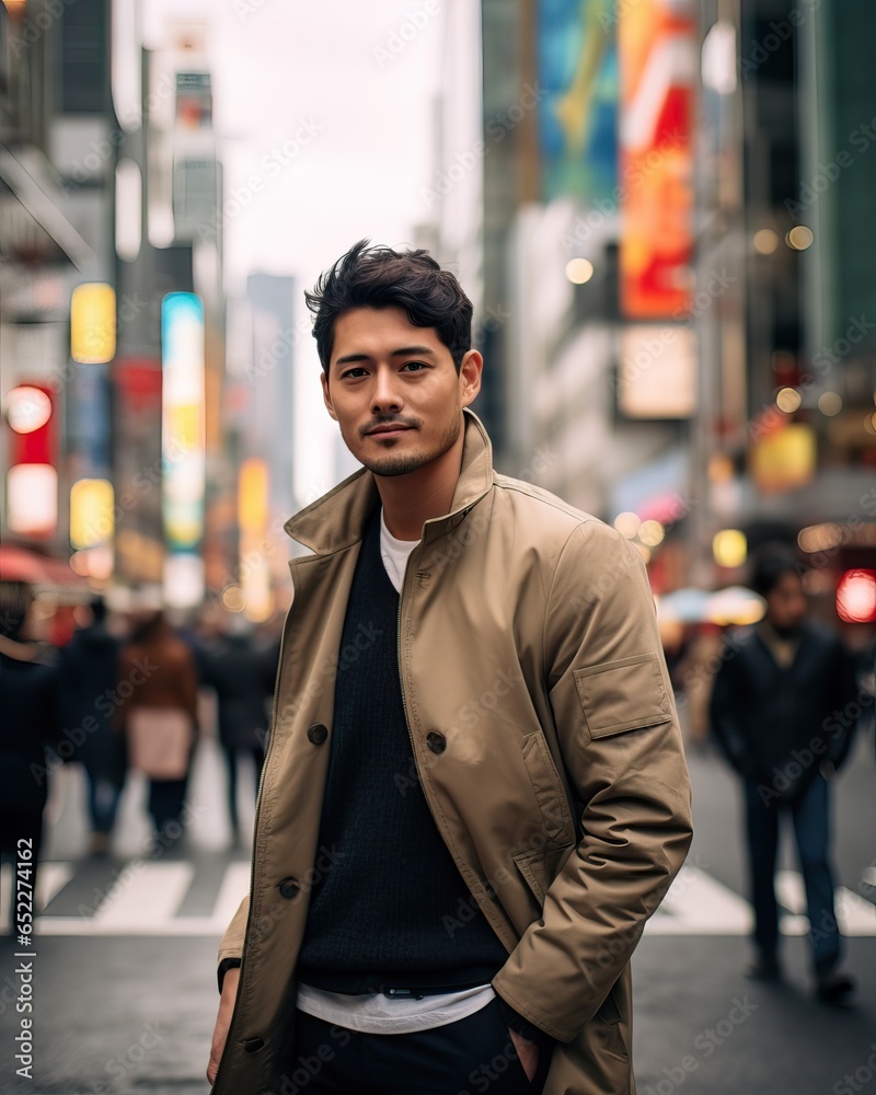 Fototapeta premium Well Dressed Korean Man Smiling at camera in the Middle of the City, tons of people walking