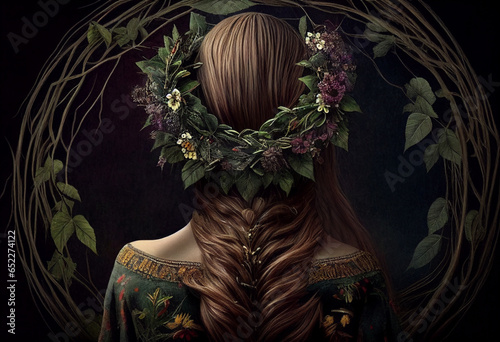 Girl with dark hair with a wreath on her head. AI Generated
