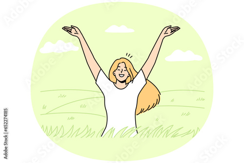 Overjoyed young woman in field feeling joyful and optimistic. Smiling girl relax in summer meadow enjoy mental health and optimism. Vector illustration.
