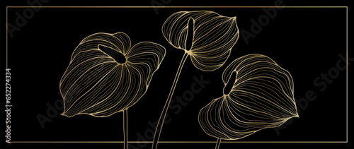 Golden outline of calla flowers on a black fren. Vector flowers for creating various designs, wallpapers, covers. Picture for publication on social networks.