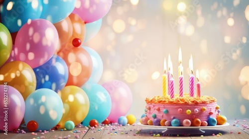 birthday party balloons, colourful balloons background and birthday cake with candles- generative AI