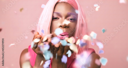 Transgender african person with pink dress blowing confetti to camera on pink