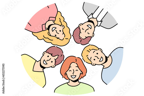 Portrait of smiling diverse friends posing together in circle. Group picture of happy multiracial people show unity and friendship. Vector illustration.